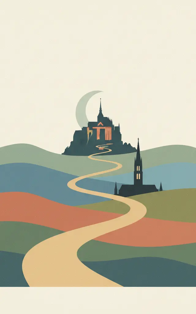 Routes of Santiago de Compostela in France — illustrated travel poster