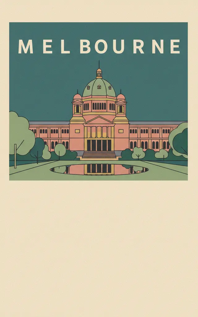 Royal Exhibition Building and Carlton Gardens — illustrated travel poster