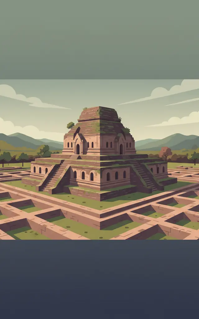 Ruins of the Buddhist Vihara at Paharpur — illustrated travel poster