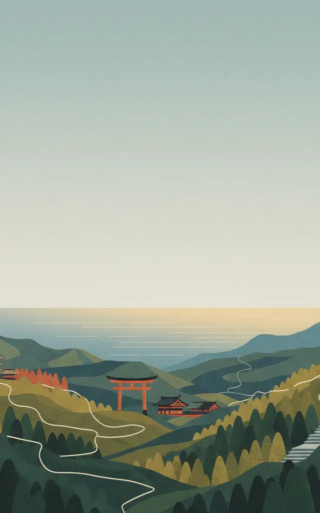 Sacred Sites and Pilgrimage Routes in the Kii Mountain Range — illustrated travel poster