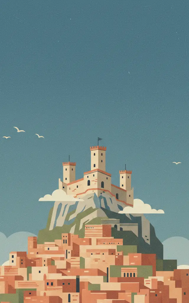 San Marino Historic Centre and Mount Titano — illustrated travel poster