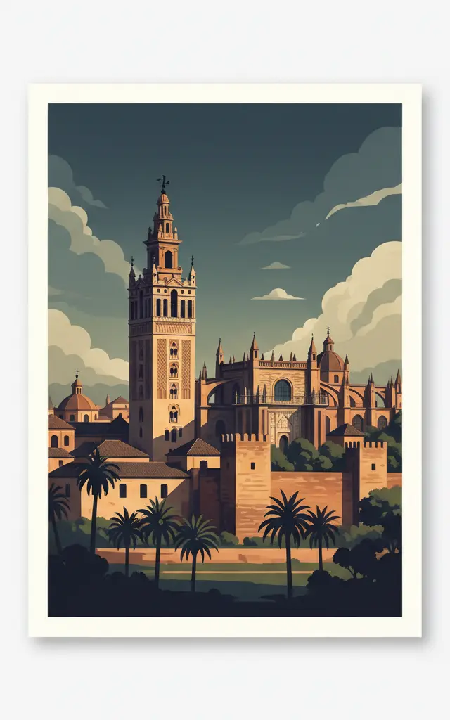 Cathedral, Alcázar and Archivo de Indias in Seville — illustrated travel poster