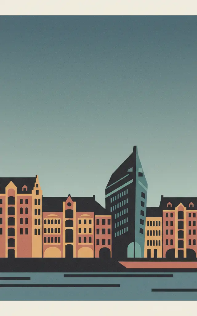 Speicherstadt and Kontorhaus District with Chilehaus — illustrated travel poster