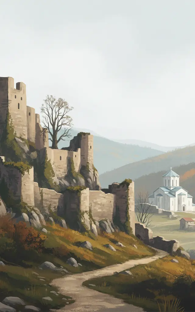Stari Ras and Sopoćani — illustrated travel poster