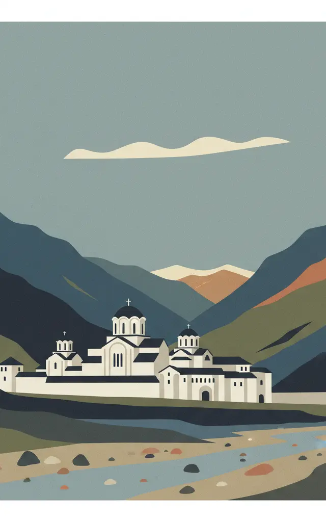 Studenica Monastery — illustrated travel poster
