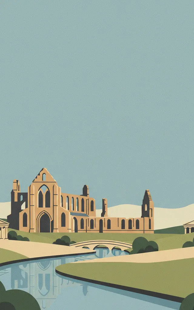 Studley Royal Park including the Ruins of Fountains Abbey — illustrated travel poster