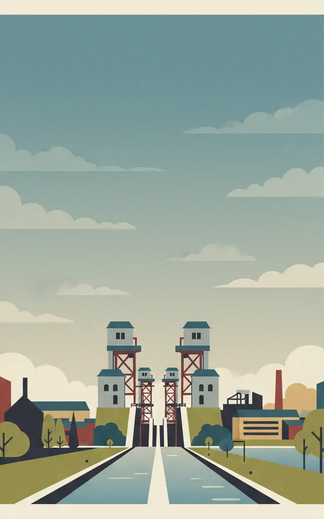 The Four Lifts on the Canal du Centre and their Environs, La Louvière and Le Roeulx (Hainaut) — illustrated travel poster