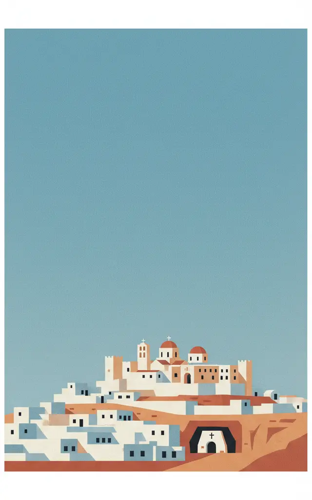 The Historic Centre (Chorá) with the Monastery of Saint-John the Theologian and the Cave of the Apocalypse on the Island of Pátmos — illustrated travel poster