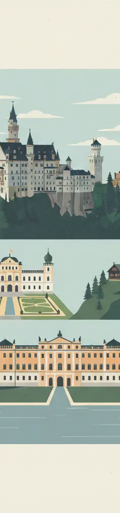 The Palaces of King Ludwig II of Bavaria: Neuschwanstein, Linderhof, Schachen and Herrenchiemsee — illustrated travel poster