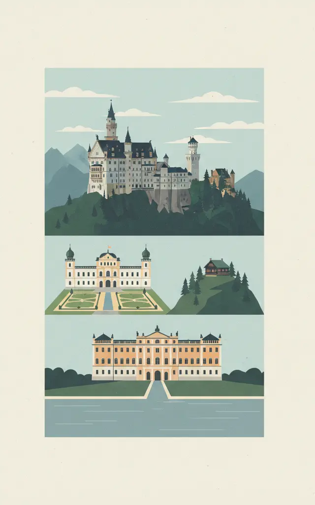 The Palaces of King Ludwig II of Bavaria: Neuschwanstein, Linderhof, Schachen and Herrenchiemsee — illustrated travel poster