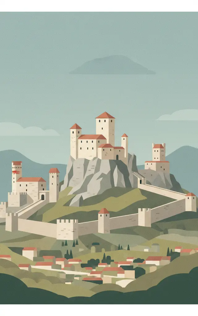 Three Castles, Defensive Wall and Ramparts of the Market-Town of Bellinzona — illustrated travel poster