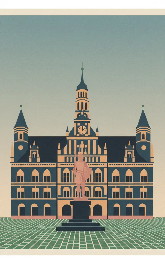 Town Hall and Roland on the Marketplace of Bremen — illustrated travel poster
