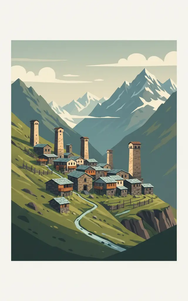 Upper Svaneti — illustrated travel poster