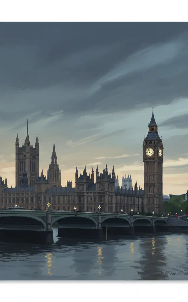 Palace of Westminster and Westminster Abbey including Saint Margaret’s Church — illustrated travel poster