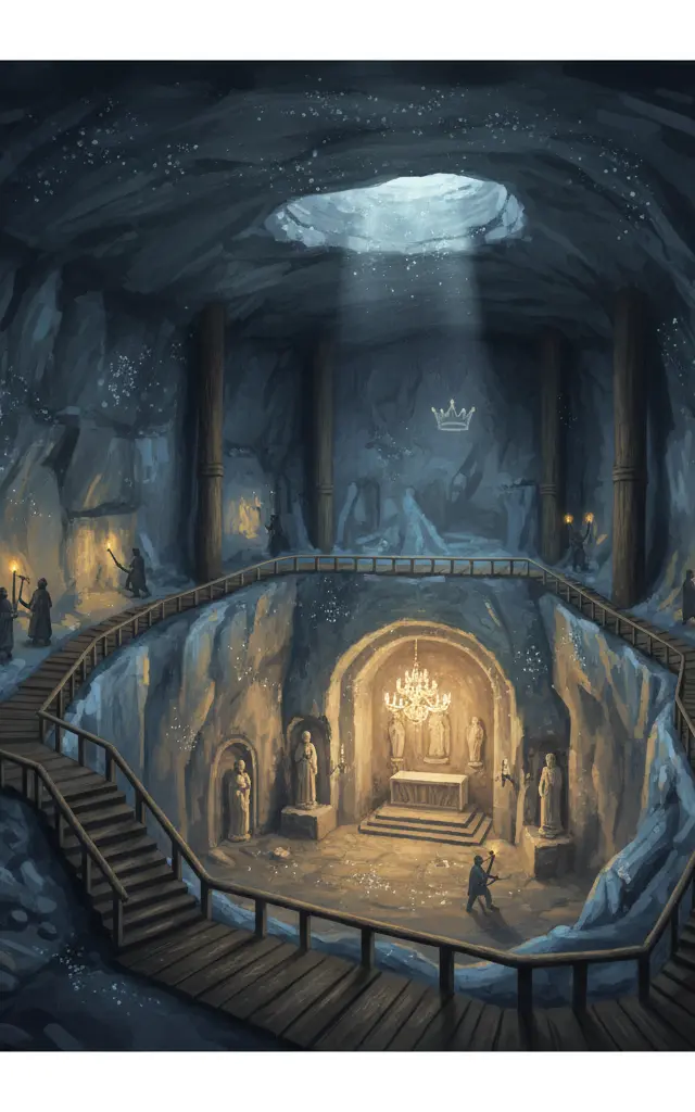 Wieliczka and Bochnia Royal Salt Mines — illustrated travel poster